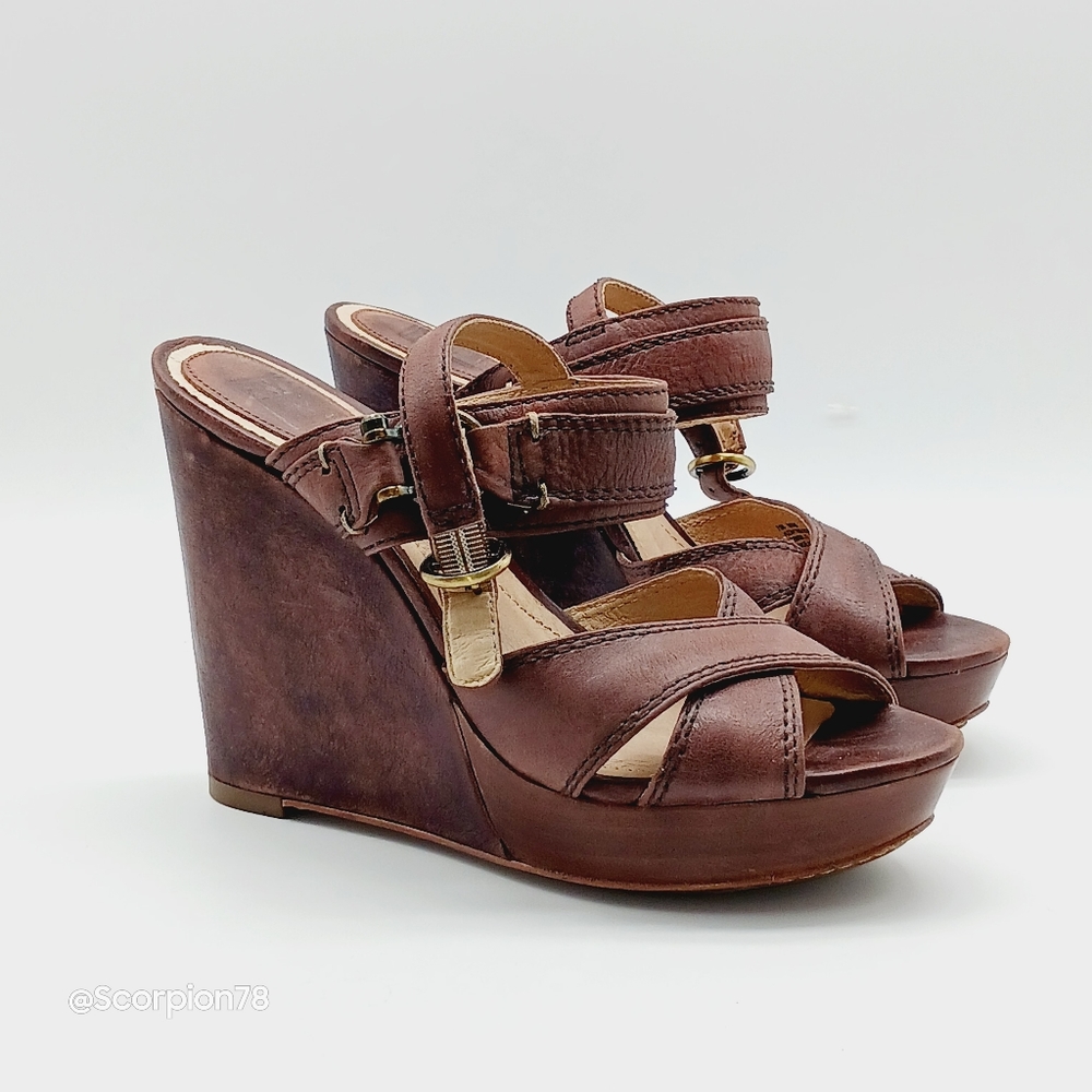 Frye Alexa Criss Cross Wedge Sandals in Brown Leather Size 7.5 for Women